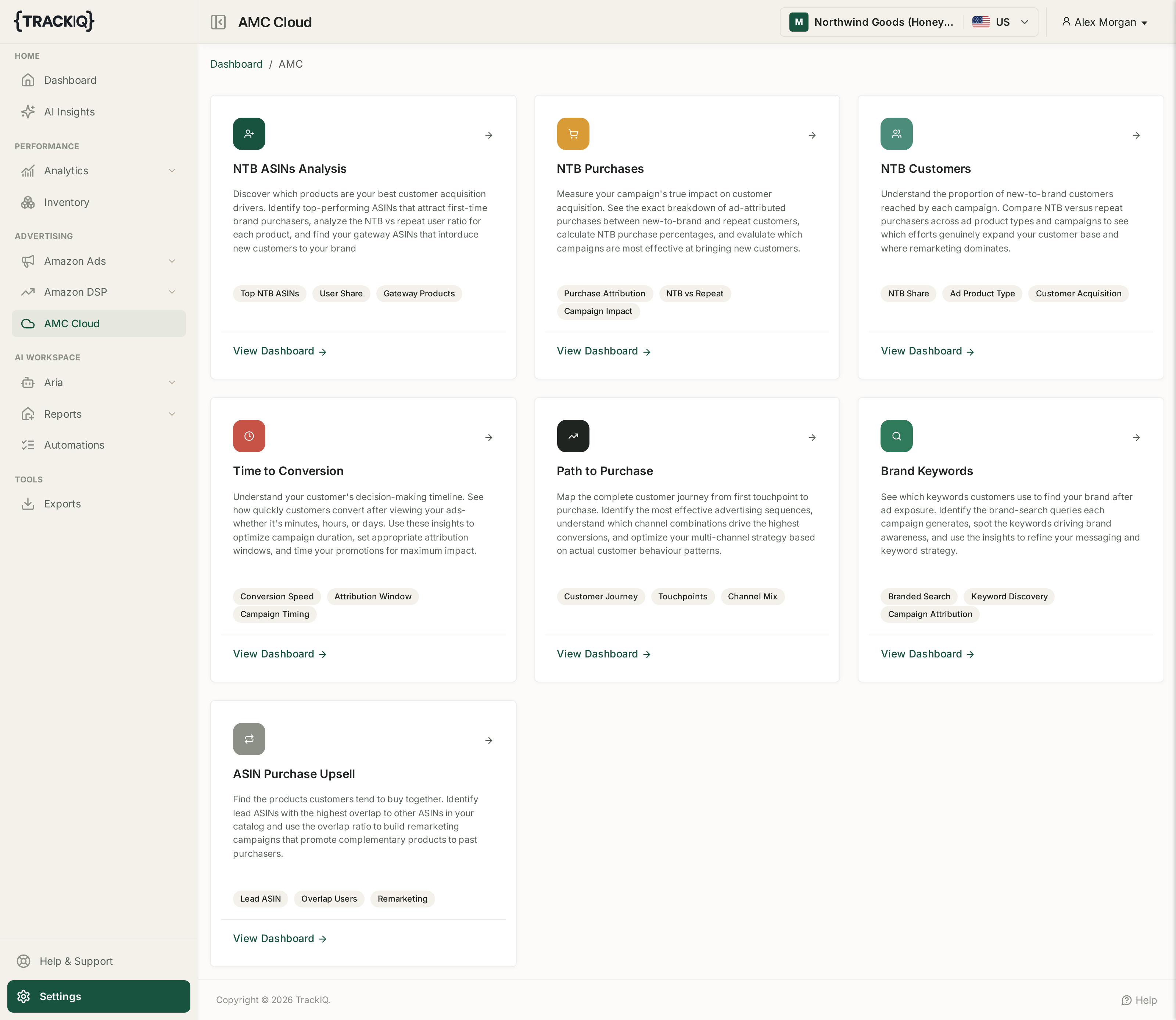 The AMC Cloud landing page showing all seven dashboards