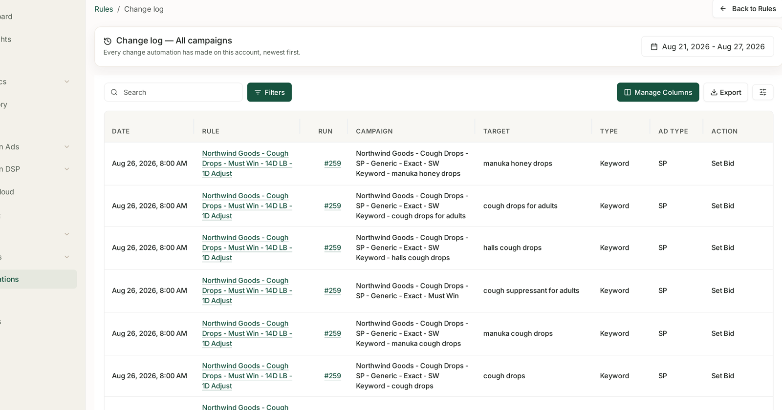 The Change log, one row per change