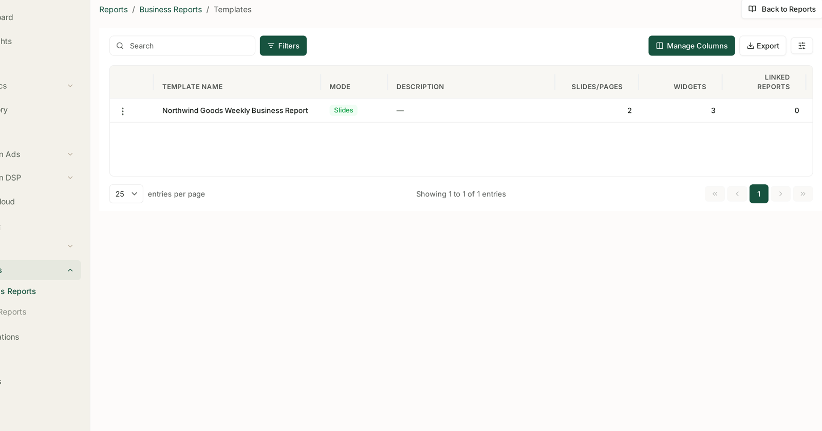Templates, with slides, widgets and linked reports