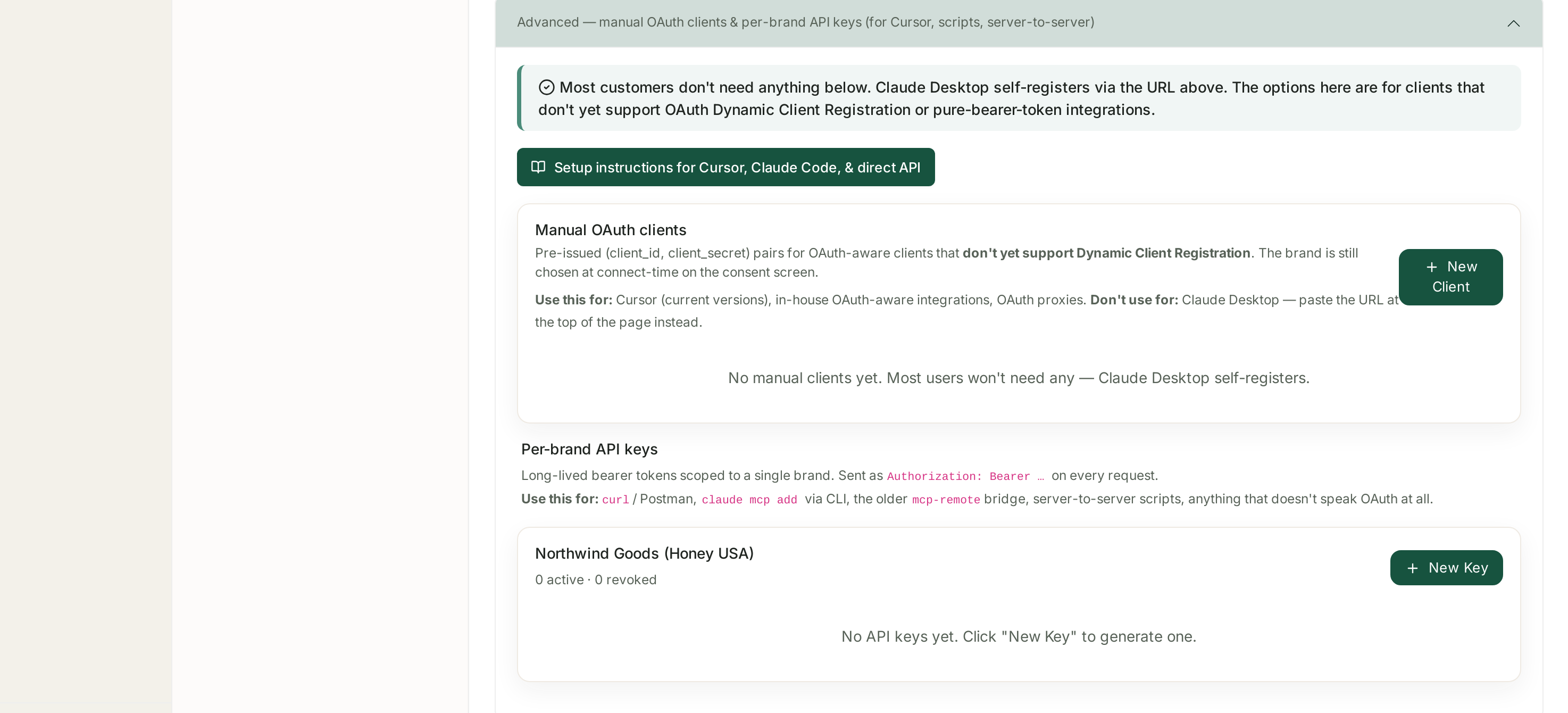 Manual OAuth clients and per-brand API keys