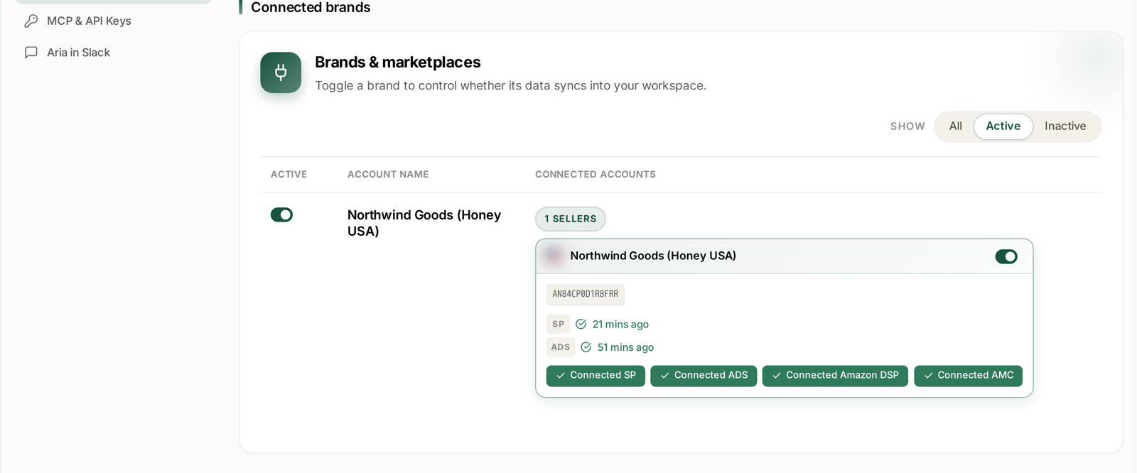 Brands and marketplaces, with the sync toggle