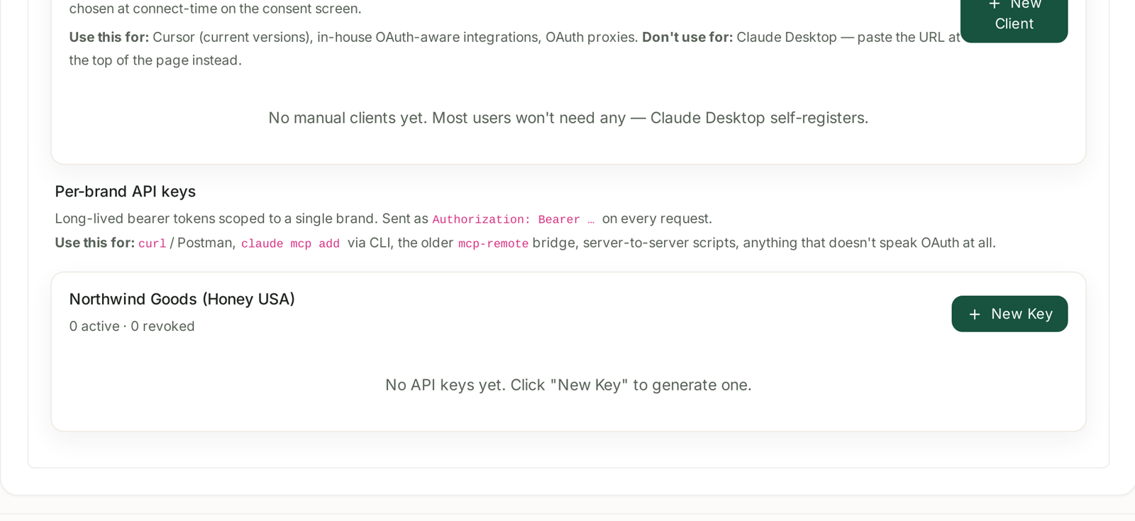 Per-brand API keys, one section per connected brand