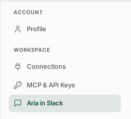 Aria in Slack, in Settings